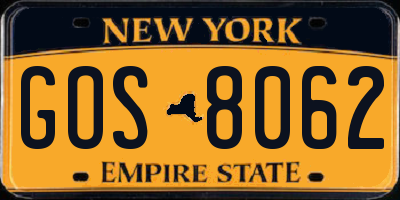 NY license plate GOS8062