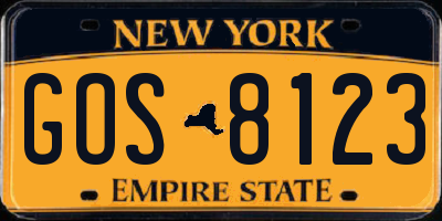 NY license plate GOS8123