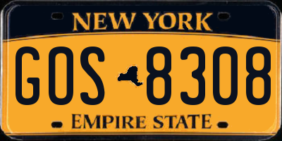 NY license plate GOS8308