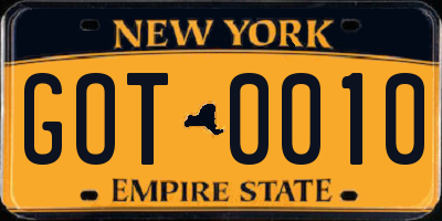 NY license plate GOT0010