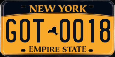 NY license plate GOT0018