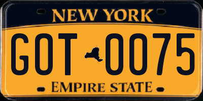 NY license plate GOT0075