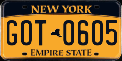 NY license plate GOT0605