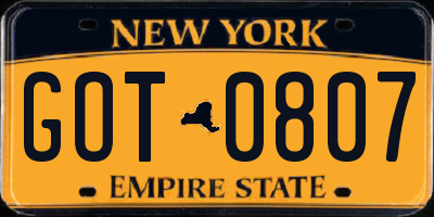 NY license plate GOT0807