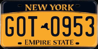 NY license plate GOT0953