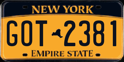 NY license plate GOT2381