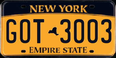 NY license plate GOT3003