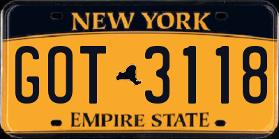 NY license plate GOT3118
