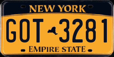 NY license plate GOT3281