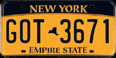 NY license plate GOT3671