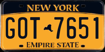 NY license plate GOT7651