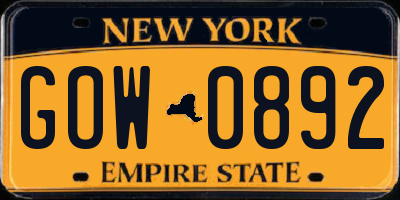 NY license plate GOW0892