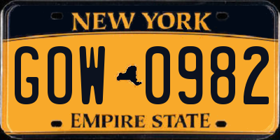 NY license plate GOW0982