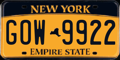 NY license plate GOW9922
