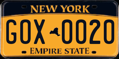 NY license plate GOX0020