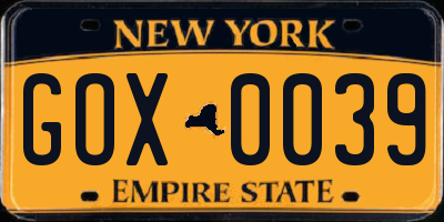 NY license plate GOX0039