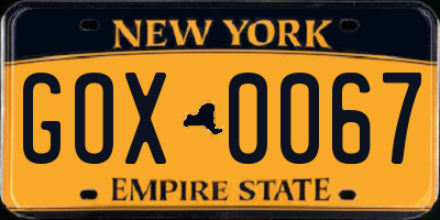 NY license plate GOX0067
