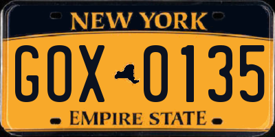 NY license plate GOX0135