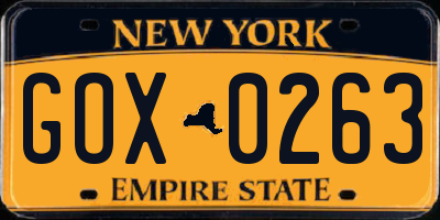 NY license plate GOX0263
