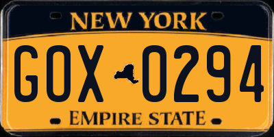 NY license plate GOX0294