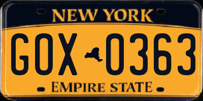 NY license plate GOX0363