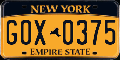 NY license plate GOX0375