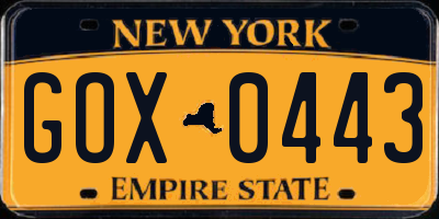 NY license plate GOX0443