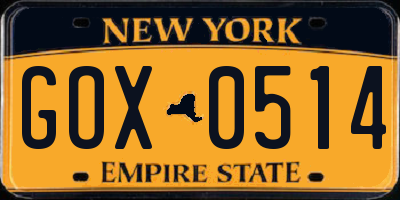 NY license plate GOX0514