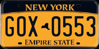 NY license plate GOX0553