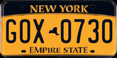 NY license plate GOX0730