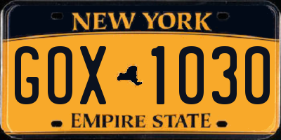 NY license plate GOX1030