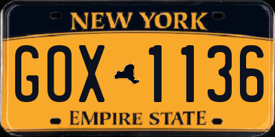 NY license plate GOX1136