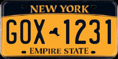 NY license plate GOX1231