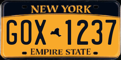 NY license plate GOX1237