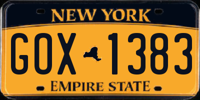 NY license plate GOX1383