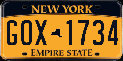 NY license plate GOX1734