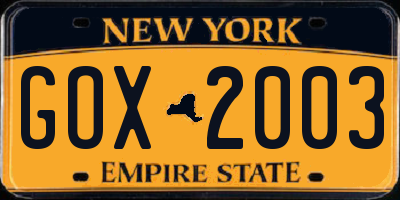 NY license plate GOX2003