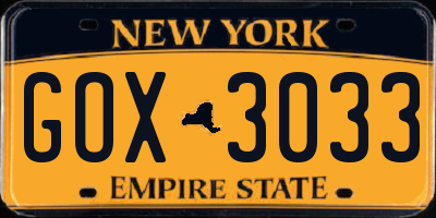 NY license plate GOX3033