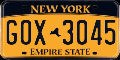NY license plate GOX3045