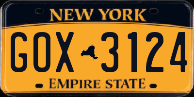 NY license plate GOX3124