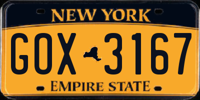 NY license plate GOX3167