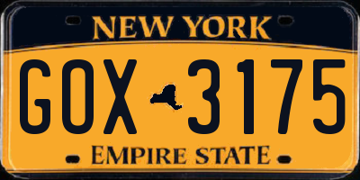 NY license plate GOX3175