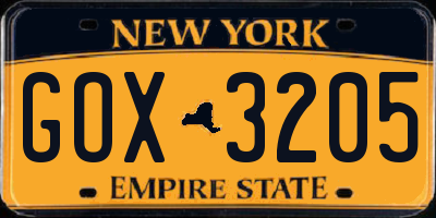 NY license plate GOX3205