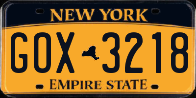 NY license plate GOX3218