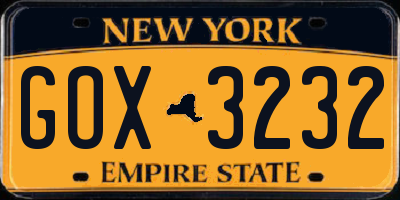 NY license plate GOX3232