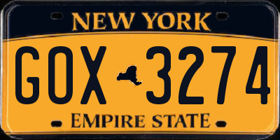 NY license plate GOX3274