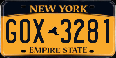 NY license plate GOX3281