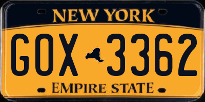 NY license plate GOX3362