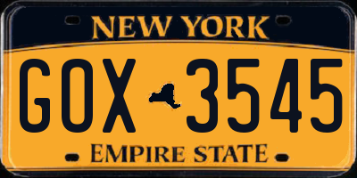 NY license plate GOX3545