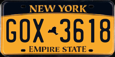NY license plate GOX3618